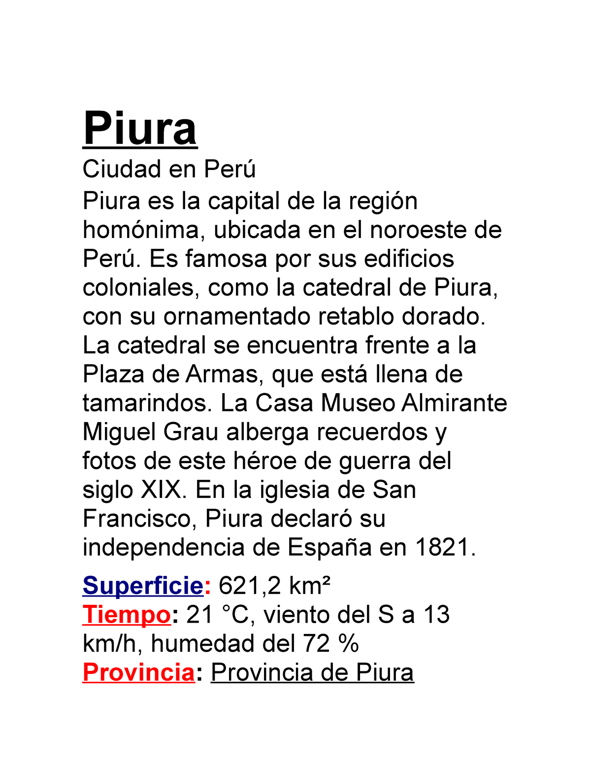 Piura - Documento - Piura Ciudad En Perú Piura Es La Capital De La ...