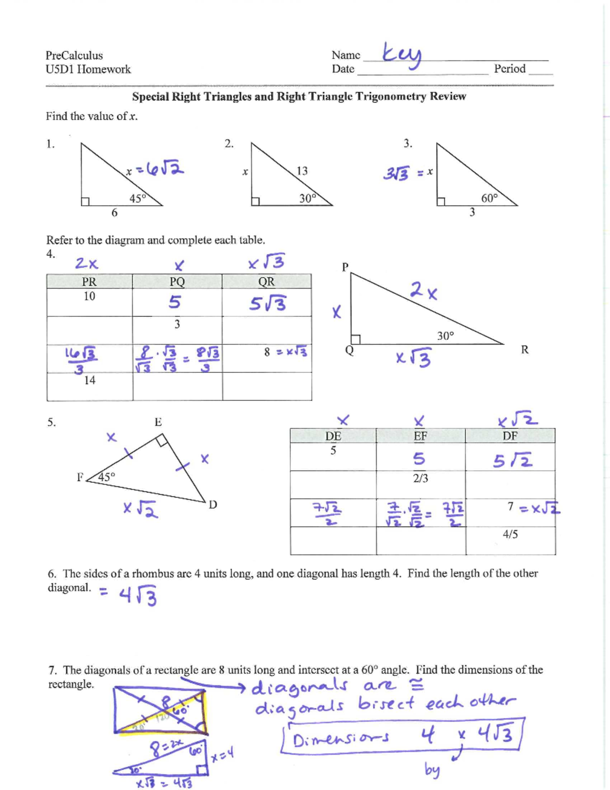 U5 HW packet ODD Answers - PreCalculus Name 4 tA) U 5 D 1 Homework Date ...