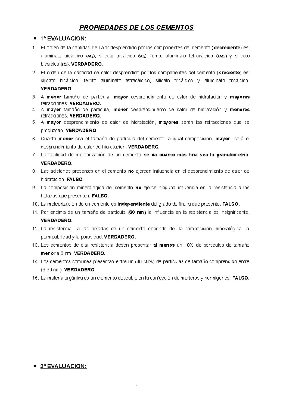 Evaluaciones Cementos - PROPIEDADES DE LOS CEMENTOS 1ª EVALUACION: El ...