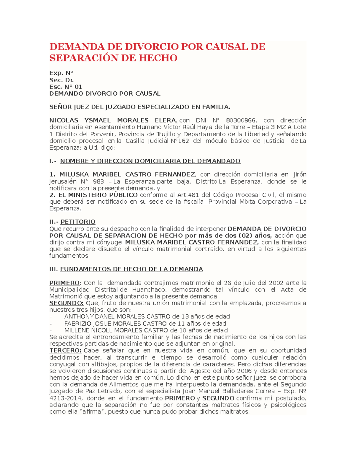 Demanda De Divorcio Por Causal De Separación De Hecho Demanda De