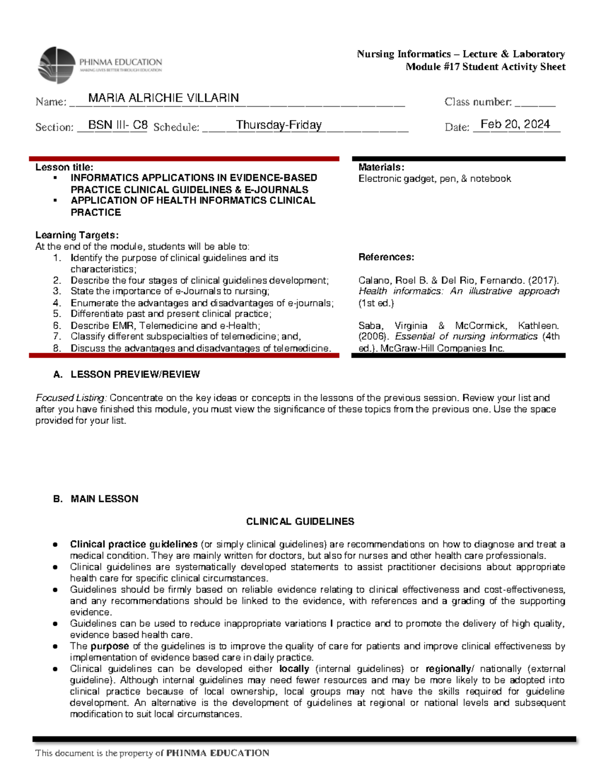 SAS 17 Nursing Informatics - Module #17 Student Activity Sheet Name ...