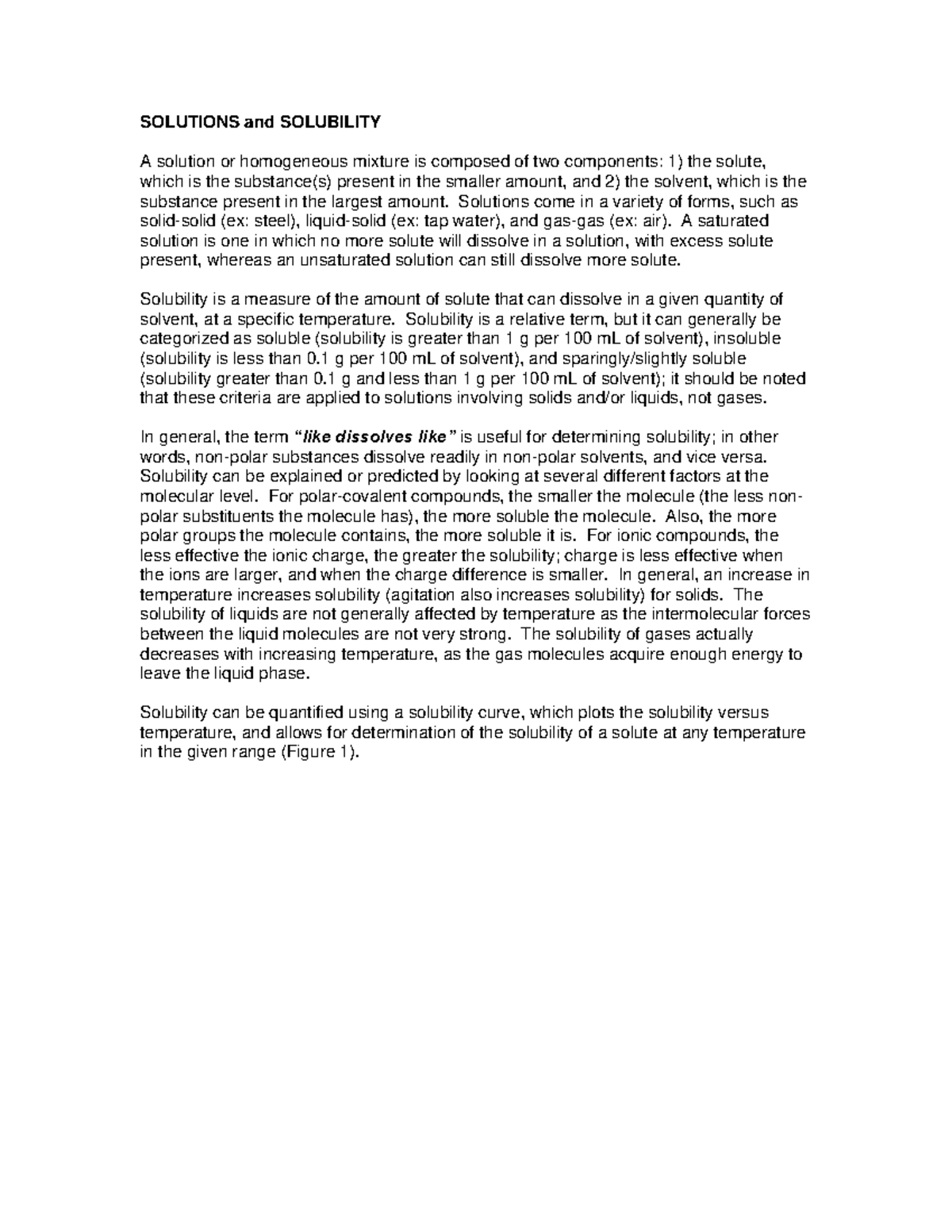 Solubility Solutions note - SOLUTIONS and SOLUBILITY A solution or ...