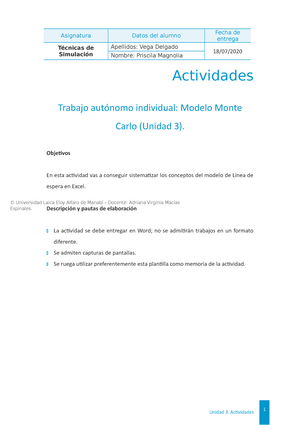Modelo montecarlo - Técnicas de Simulación Apellidos: Vega Delgado 18/07/  Nombre: Priscila Magnolia - Studocu