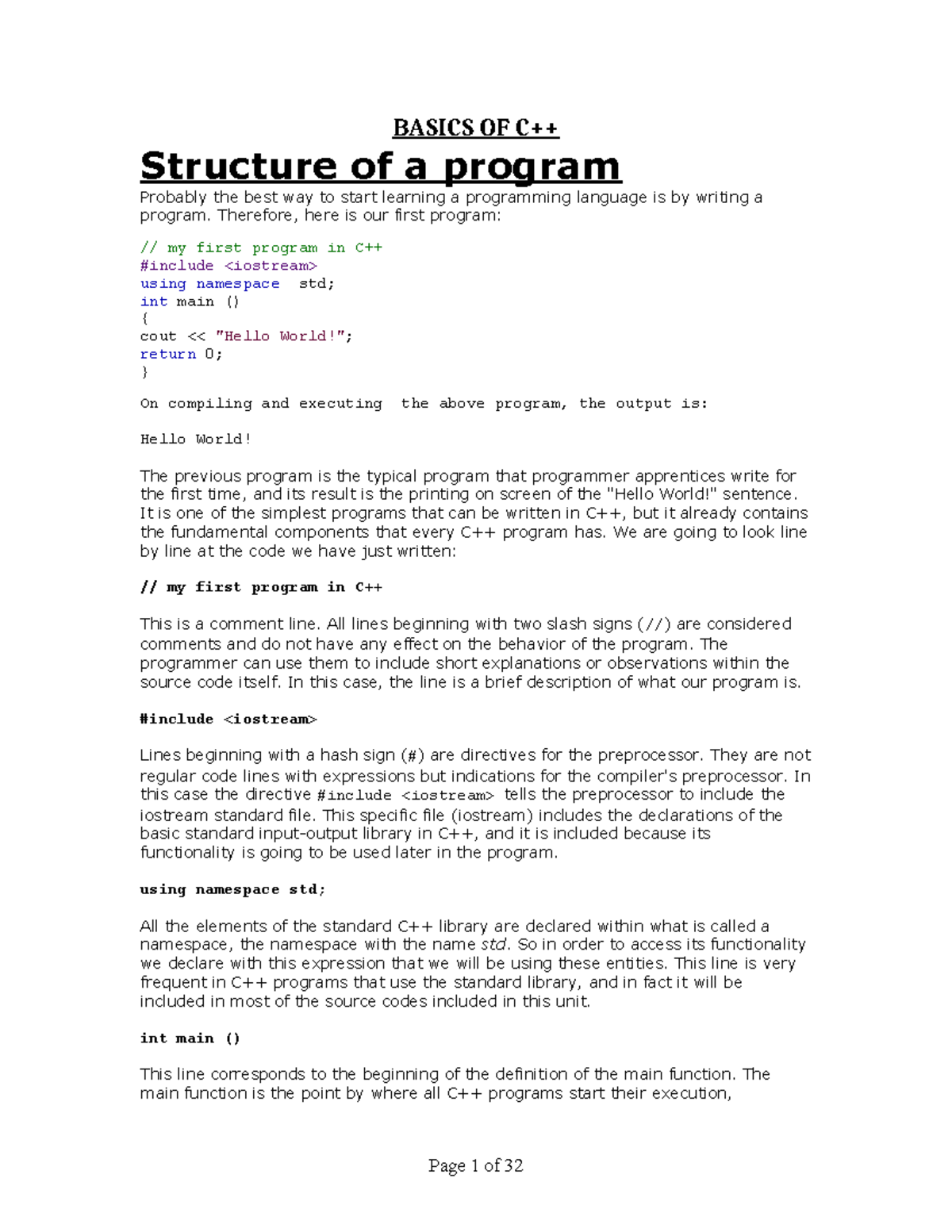 1. Basics of C++ - BASICS OF C++ Structure of a program Probably the ...