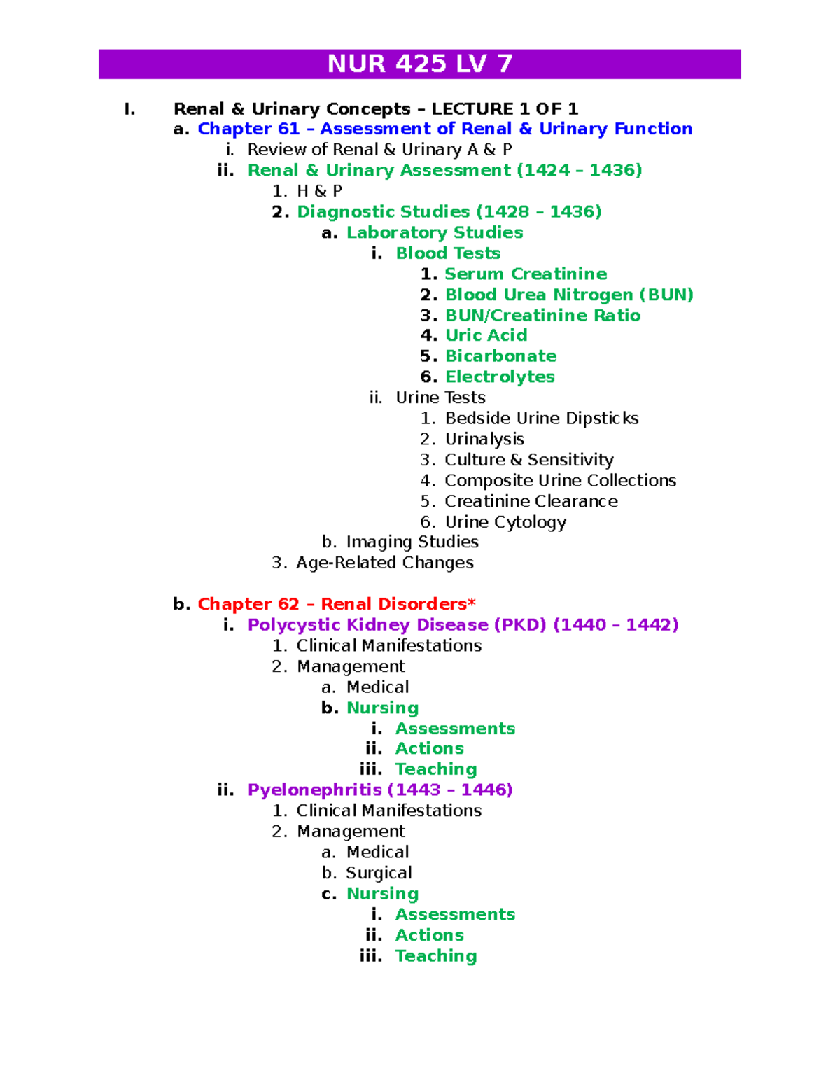 Renal Lecture 1 of 1 - med surg - NUR425 - Arizona College - Studocu