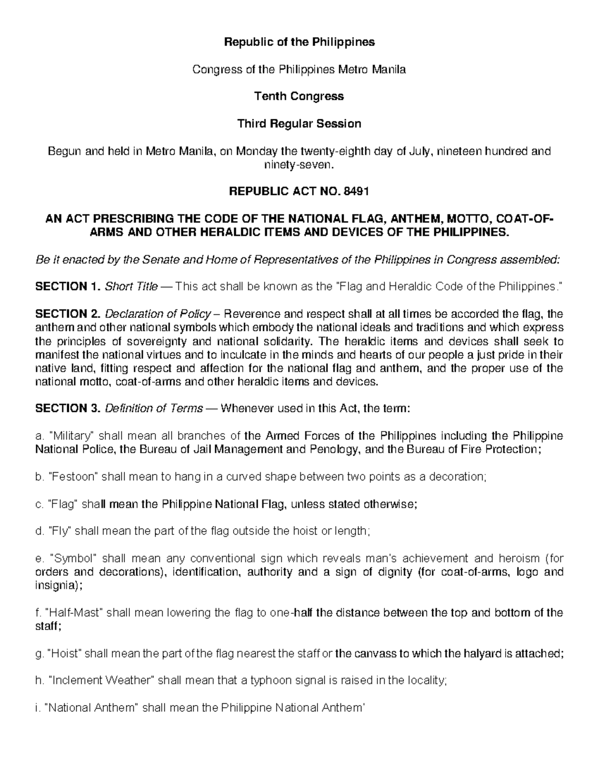 Flag and Heraldic Code of the Philippines Republic of the Philippines