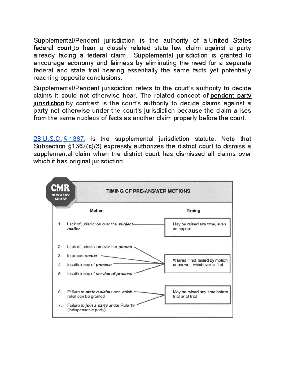 Supplemental Jurisdiction Summary Supplemental/Pendent jurisdiction