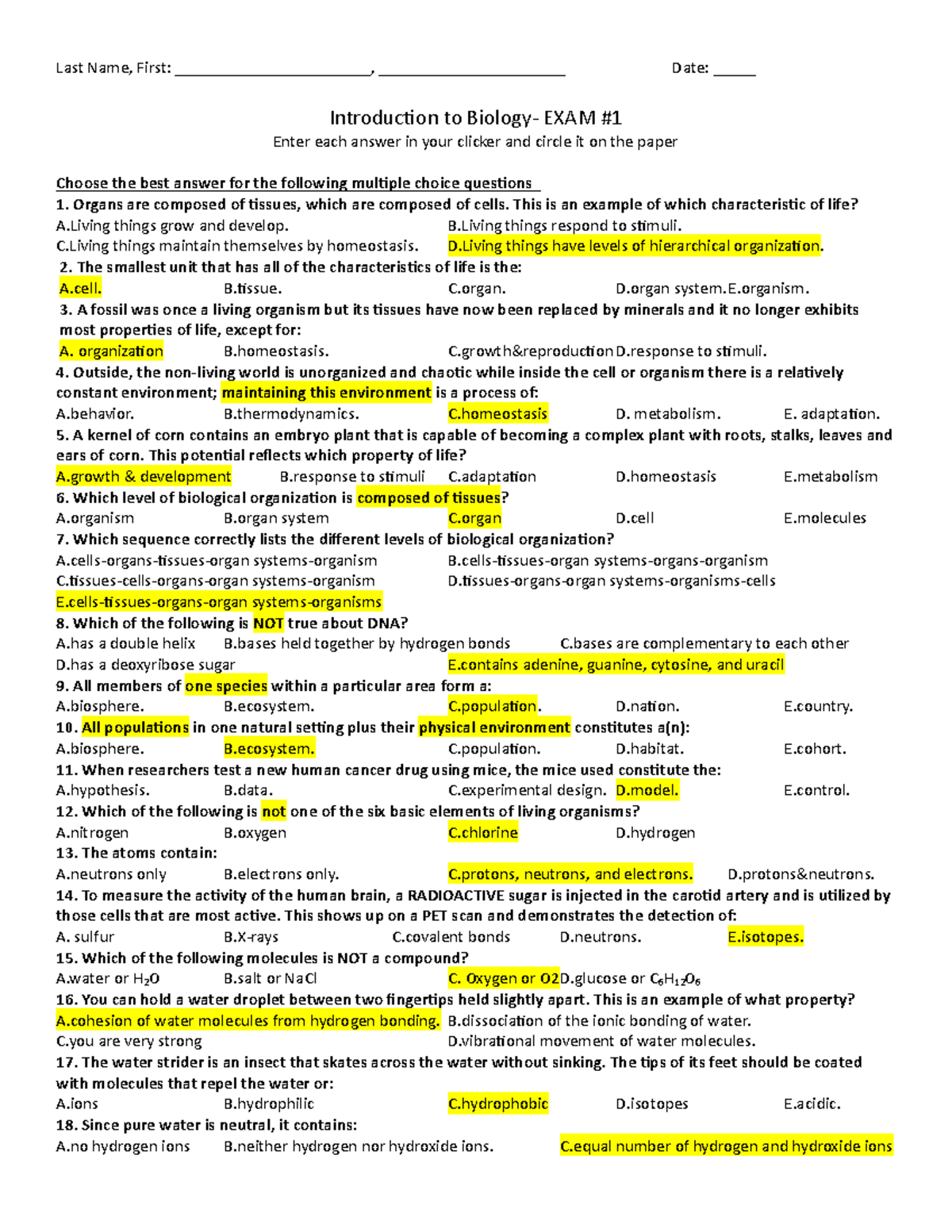 BIO EXAM 1 Answers STUDY GUIDE - Last Name, First: Date: Introduction Sns-Brigh10