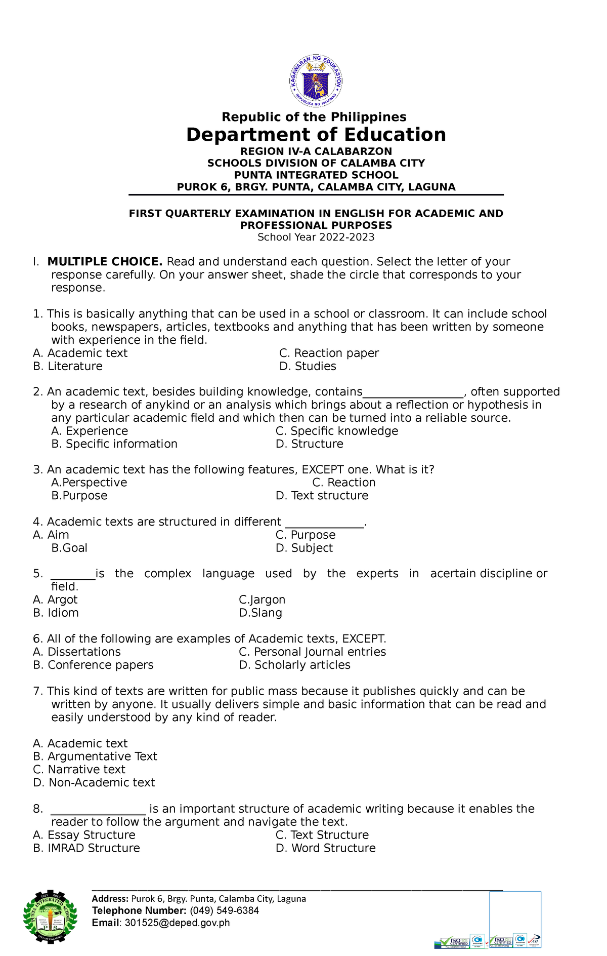 EAPP-Q1-TEST - Examination - Republic Of The Philippines Department Of ...