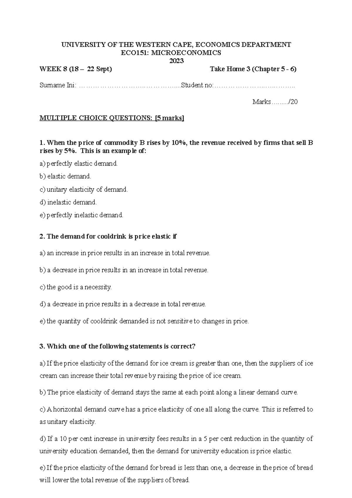 ECO151 Tutorial 3 2023 Student Version copy - UNIVERSITY OF THE WESTERN ...