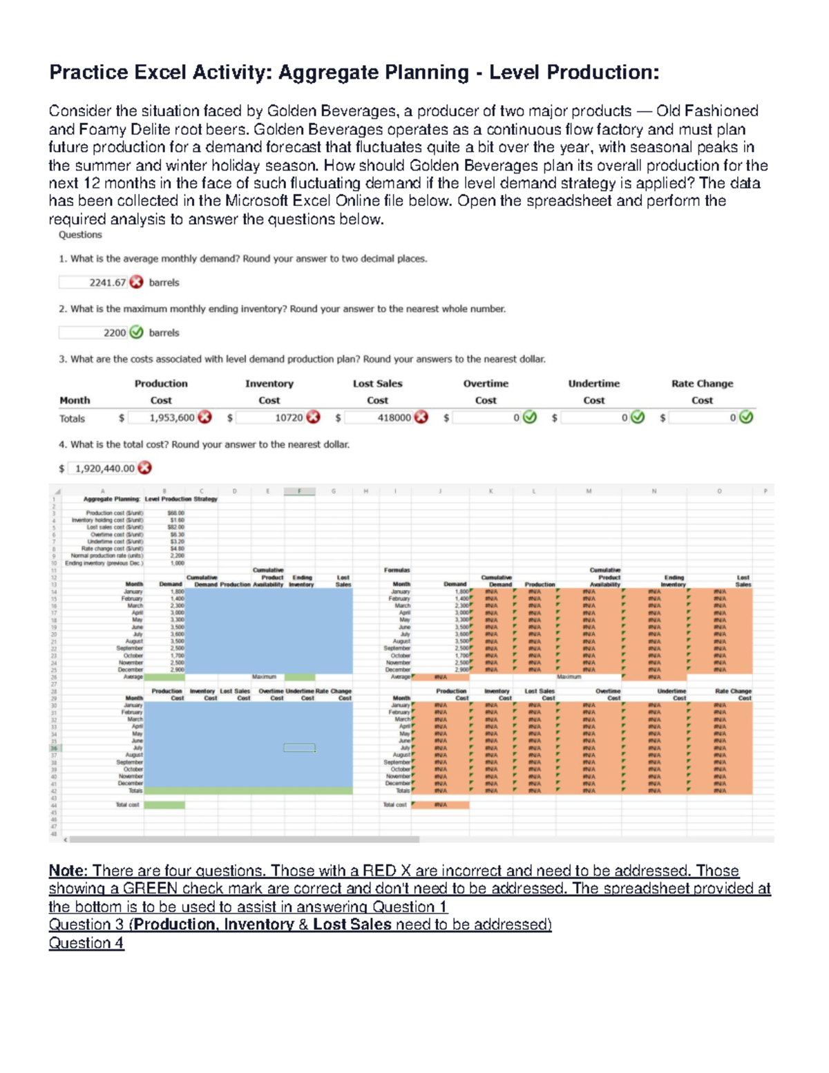 Aggregate Planning Activity Practice Excel Activity Aggregate Planning Level Production