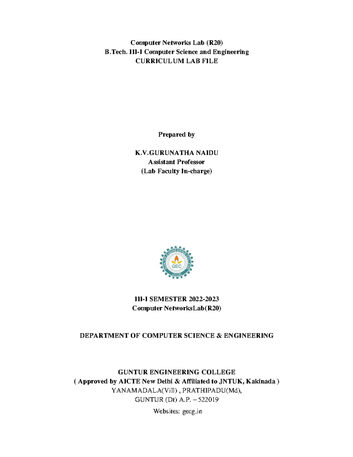 CN Lab Manual K.V.Gurunatha Naidu Computer Networks Lab (R20) B. III