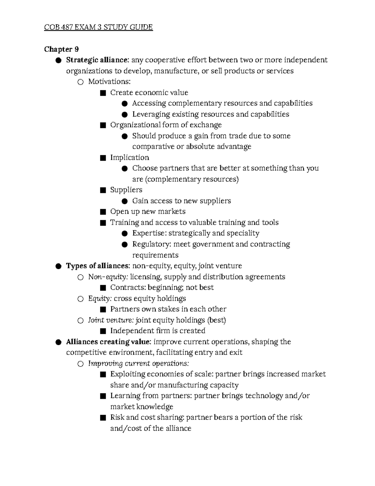COB 487 Exam 3 Study Guide - Chapter 9 Strategic alliance: any ...