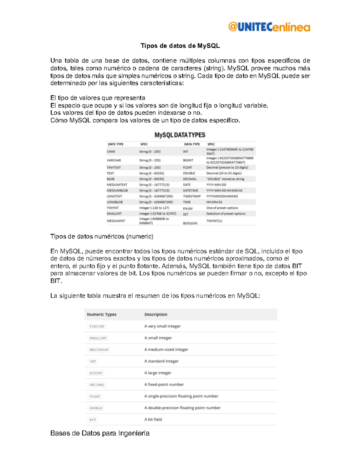 Tipos de datos de My SQL - Bases de Datos para Ingeniería Tipos de ...