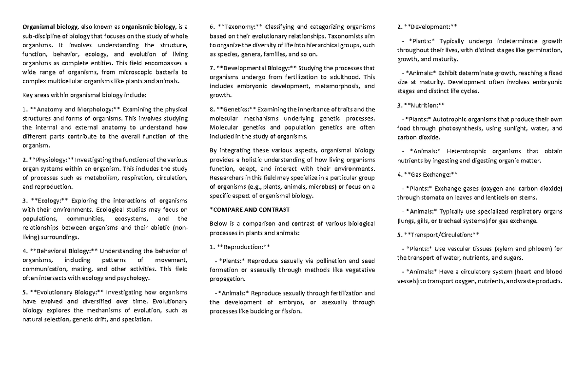 Organismal-biology - STEM 11 NOTES - Organismal biology, also known as ...