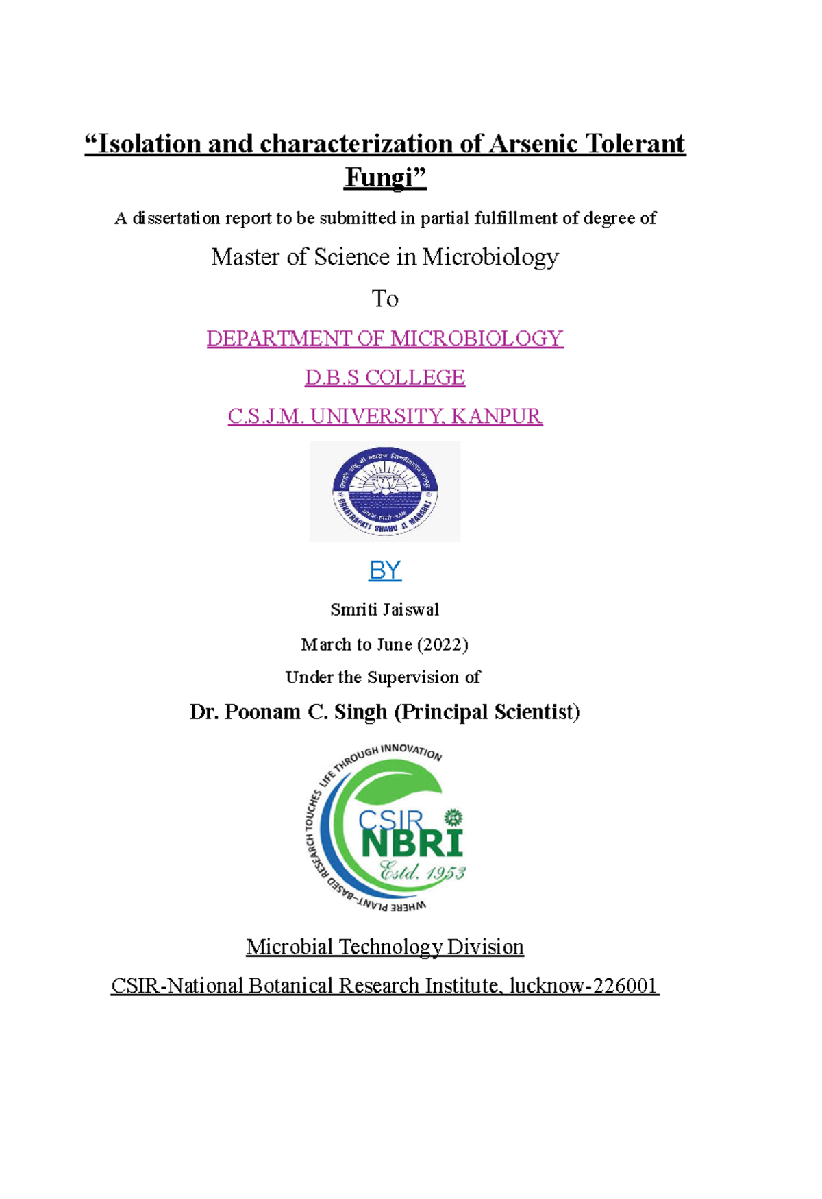 Smriti NBRI - gfbfb - “Isolation and characterization of Arsenic ...