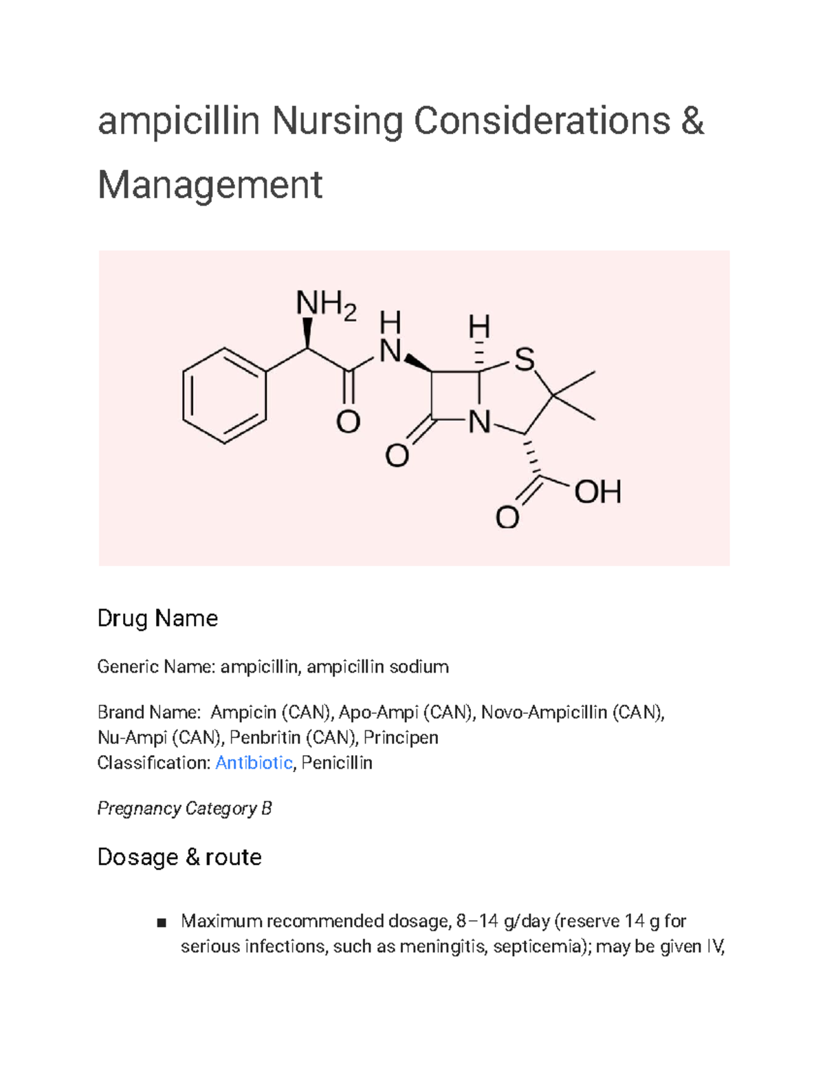 Untitled document (39) ampicillin Nursing Considerations & Management
