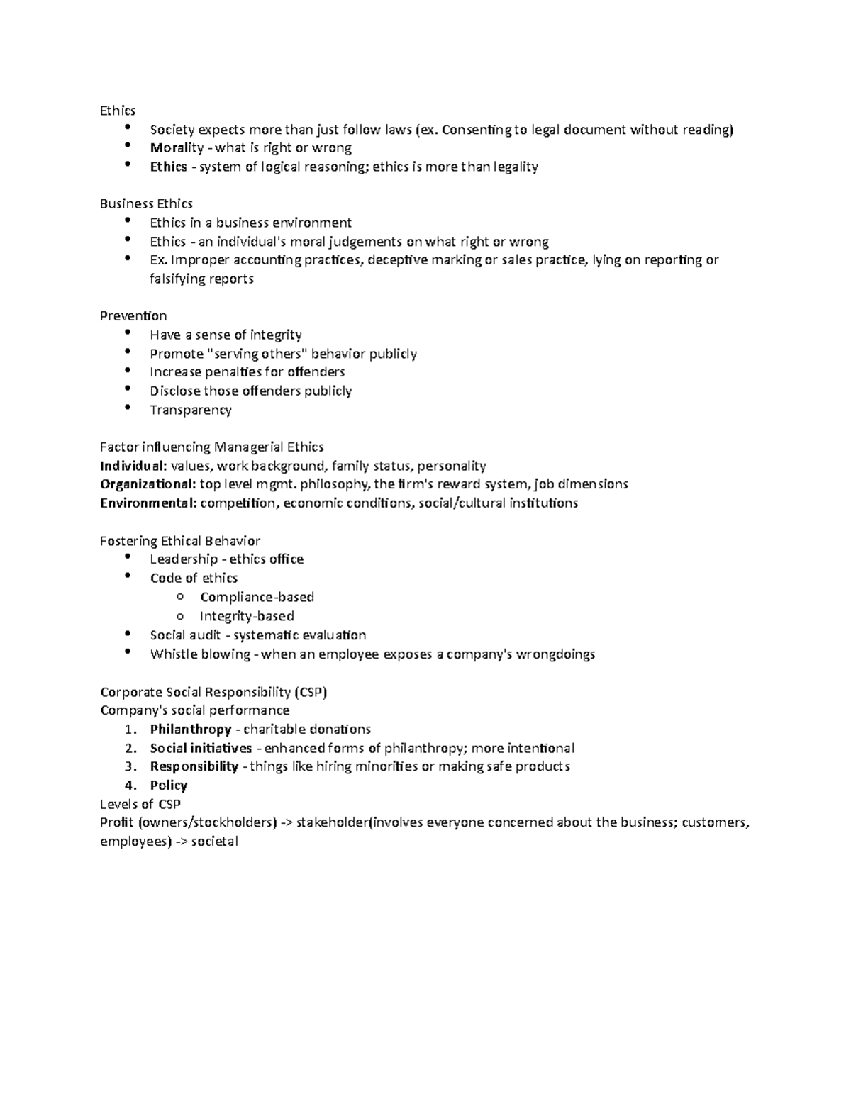 Chapter 4 Notes - Ethics Society expects more than just follow laws (ex ...