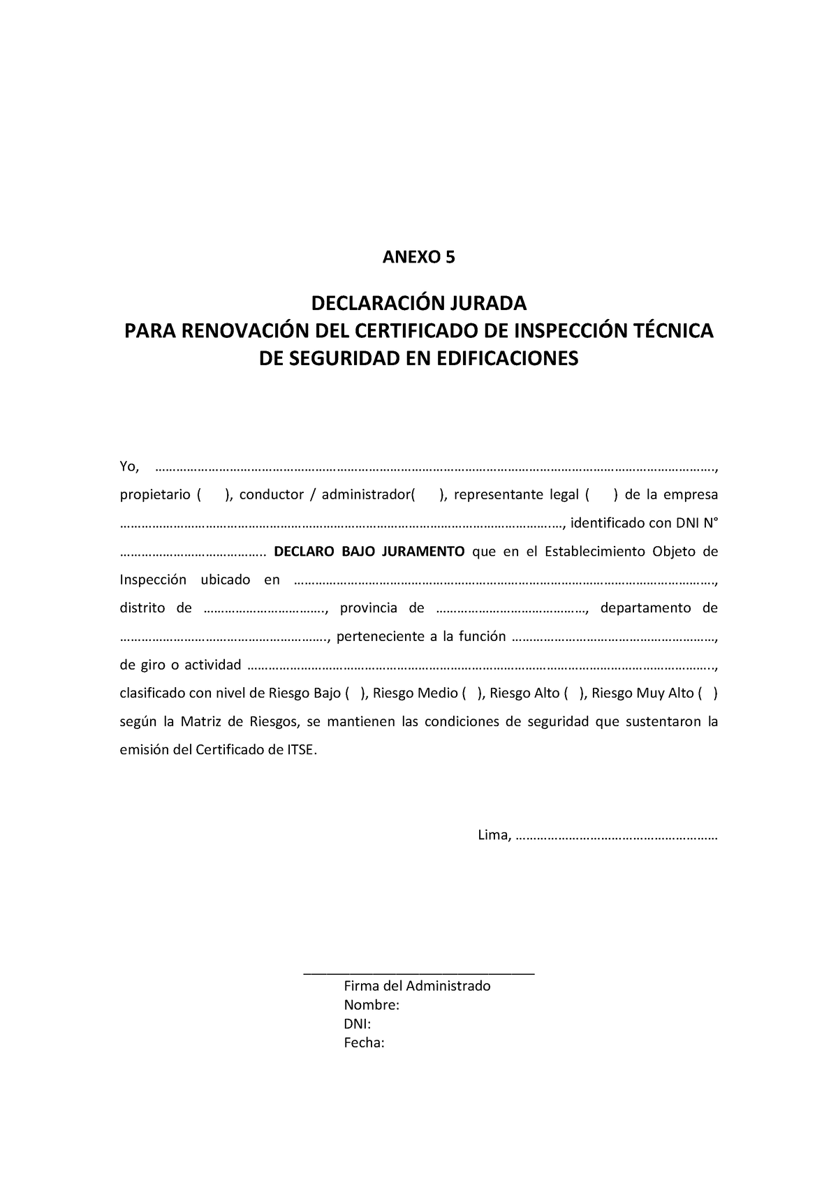 Anexo 5 Declaracion Jurada Para Renov De Certificado De ITSE 4 - ANEXO ...