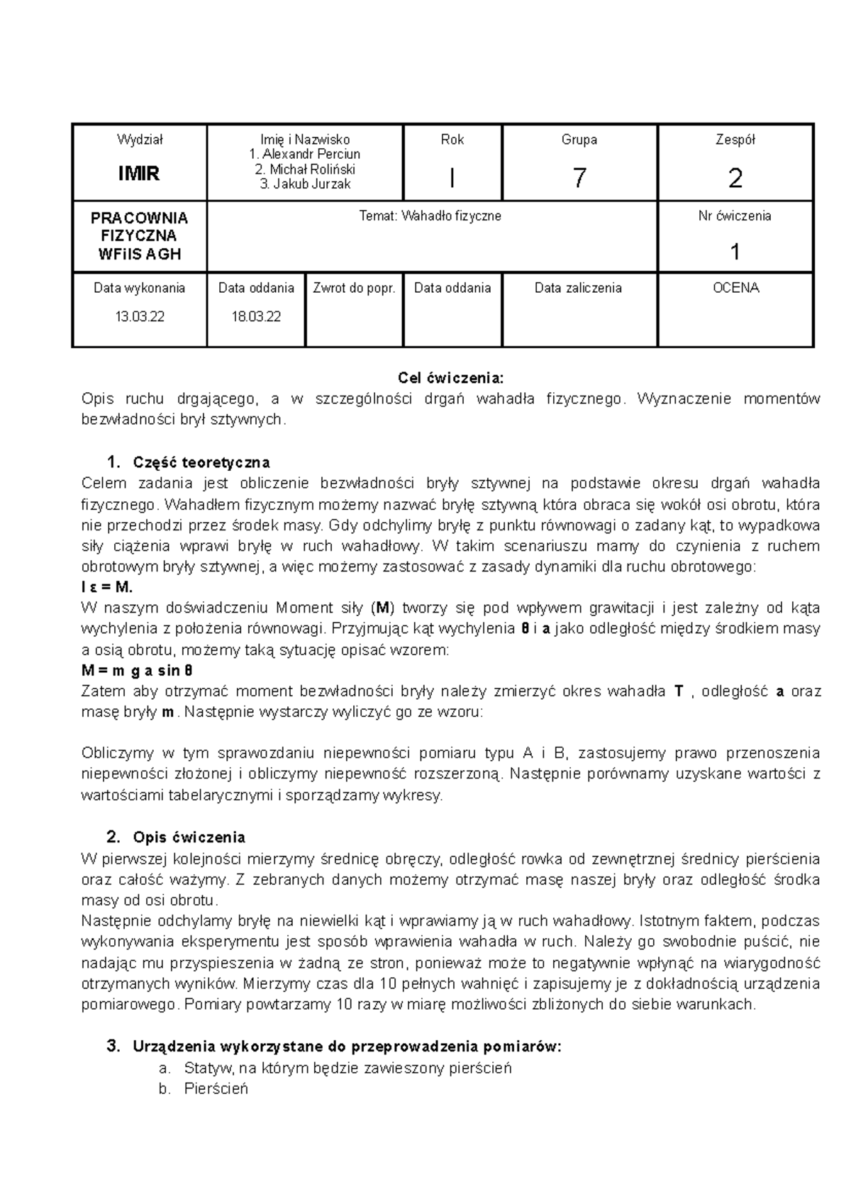 Sprawko 1 - Sprawozdanie Z Fizyki APiR Wimir - Wydział IMIR Imię I ...