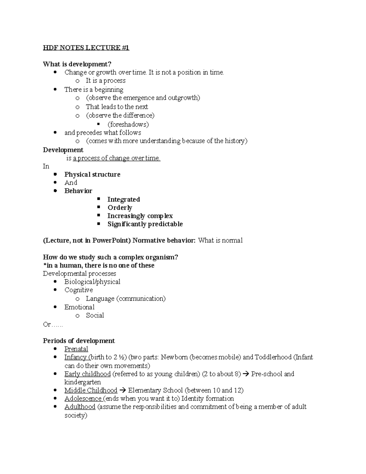 HDF Notes Lecture EXAM 1 - HDF NOTES LECTURE What is development ...