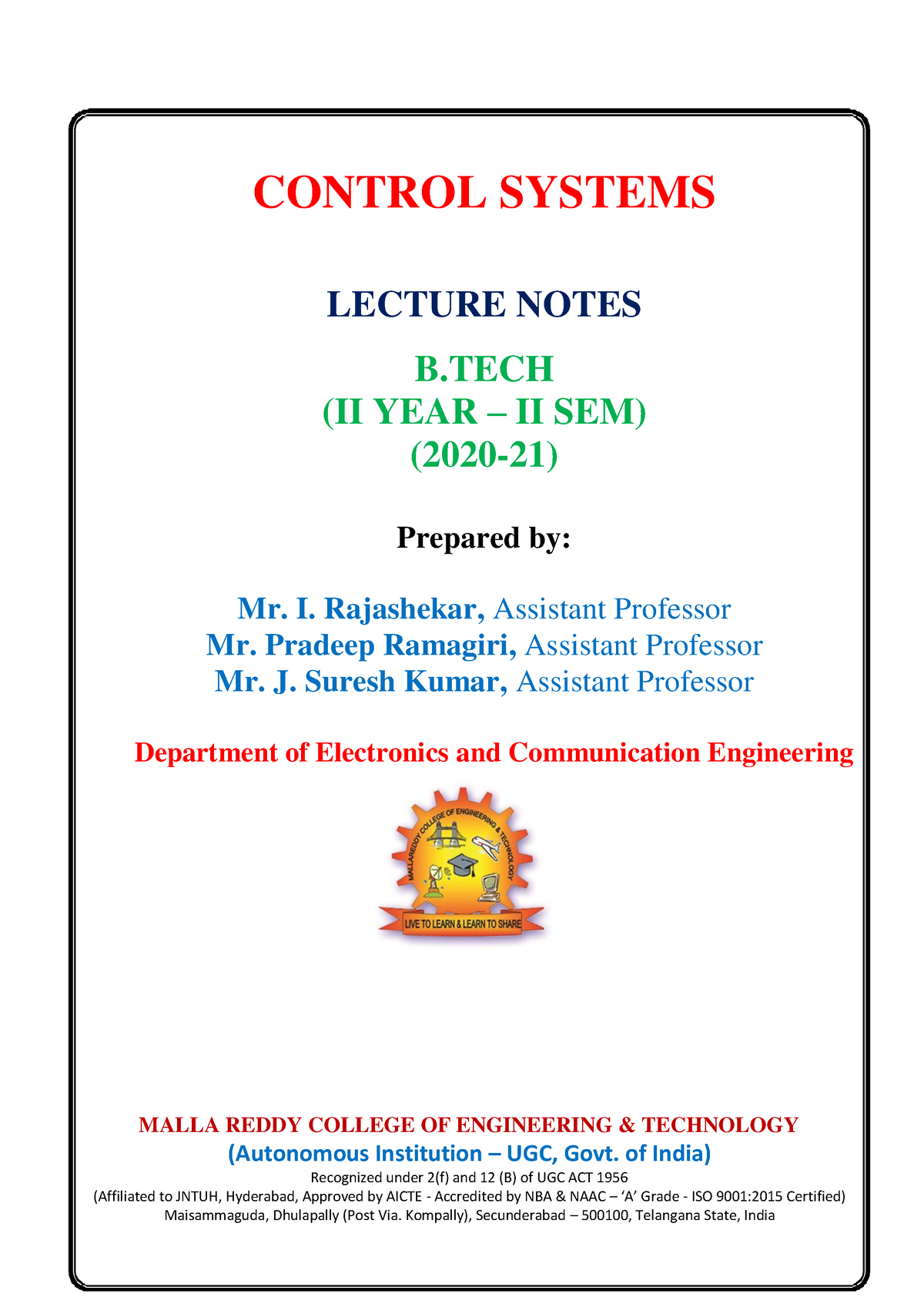 Control Systems Btech Eee - CONTROL SYSTEMS LECTURE NOTES B (II YEAR ...