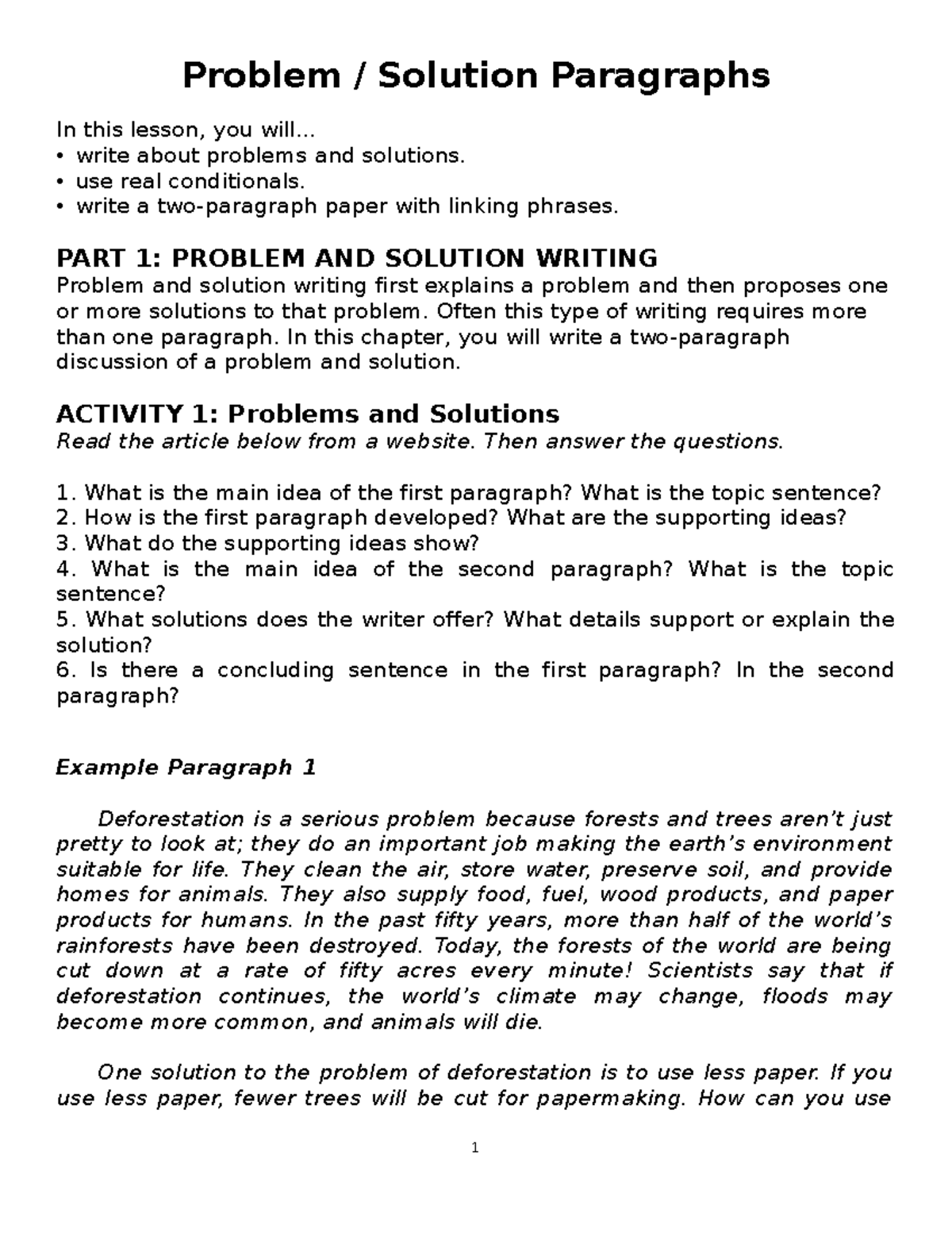 Problem - Solution Paragraphs - .. • write about problems and solutions ...