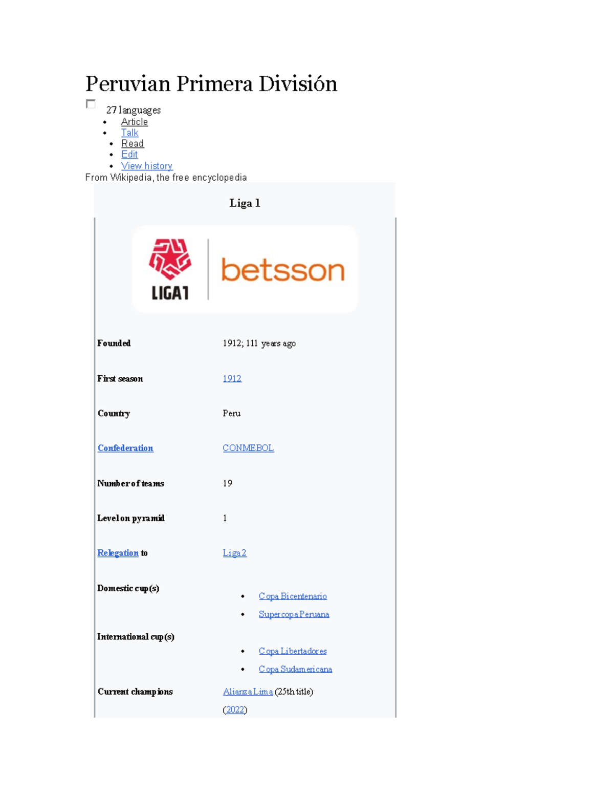 Liga peruana n/a Peruvian Primera División 27 languages Article
