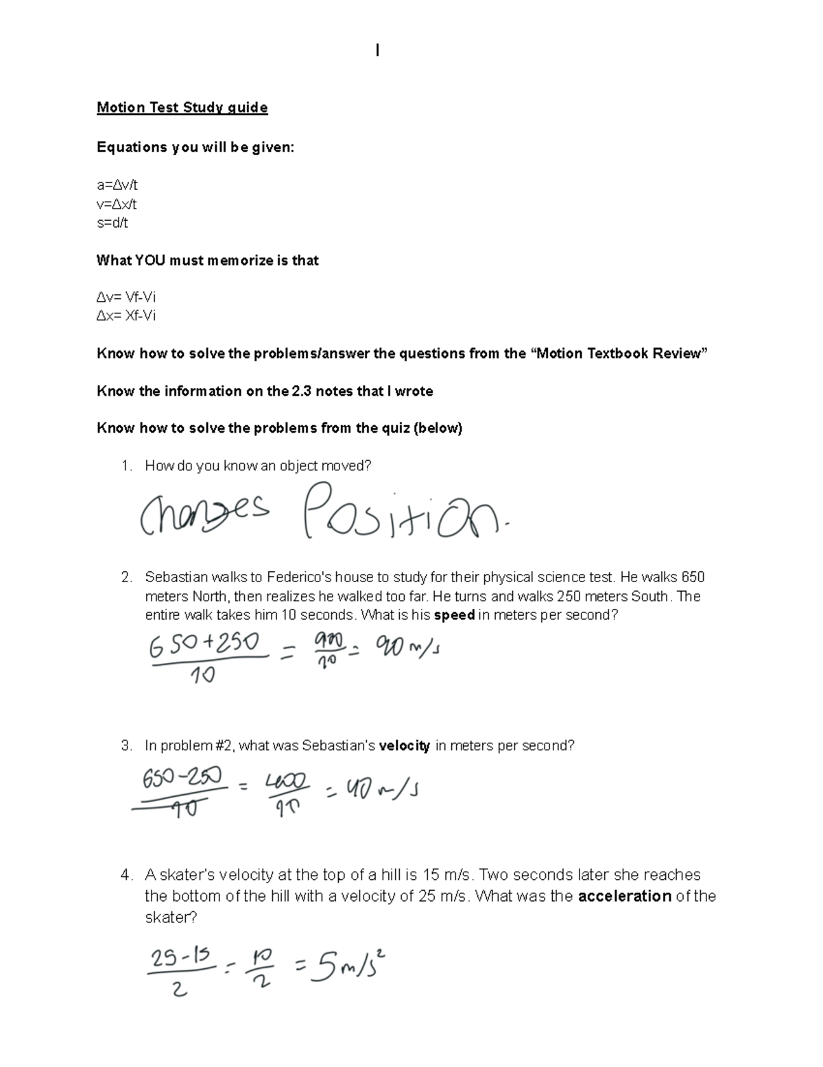 Motion Test Study guide - Motion Test Study guide Equations you will be ...