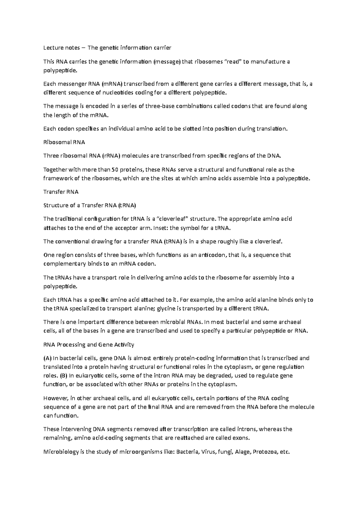 Lecture notes – The genetic information carrier - Each messenger RNA ...