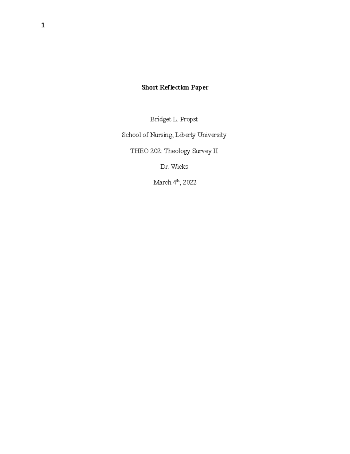 Short Reflection Paper - 1 Short Reflection Paper Bridget L. Propst ...