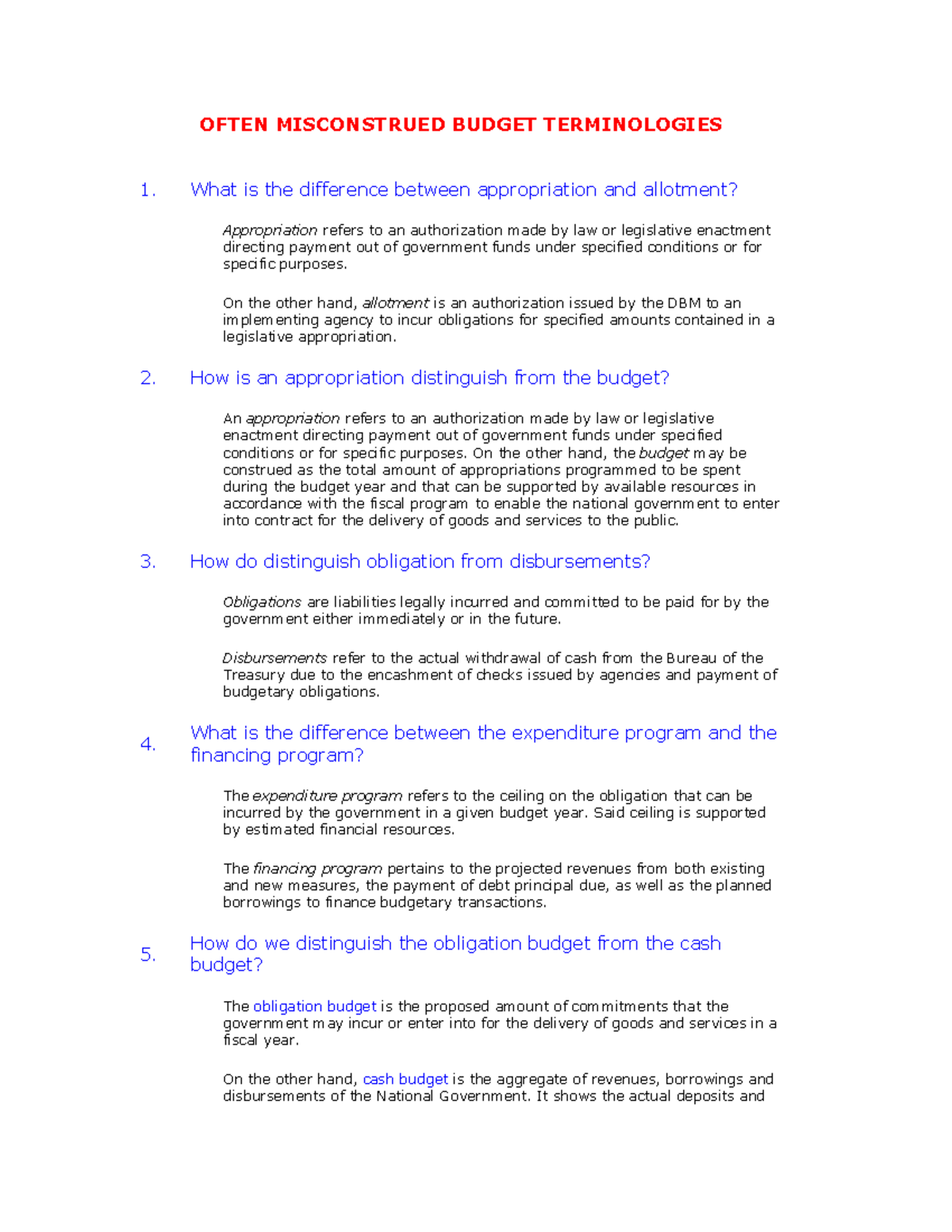 Government Budgeting Process - OFTEN MISCONSTRUED BUDGET TERMINOLOGIES ...