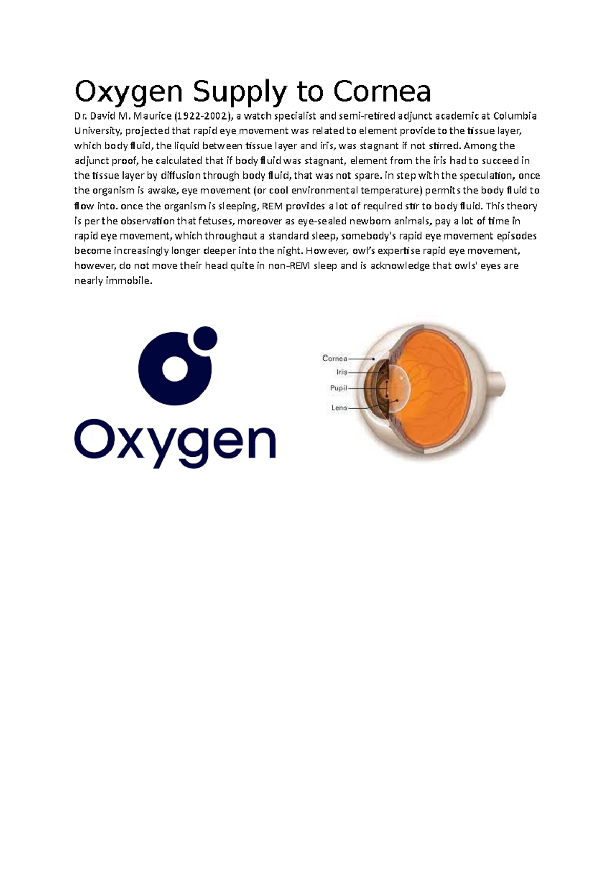 DE100 Oxygen Supply to Cornea in REM Sleep Oxygen Supply to Cornea Dr