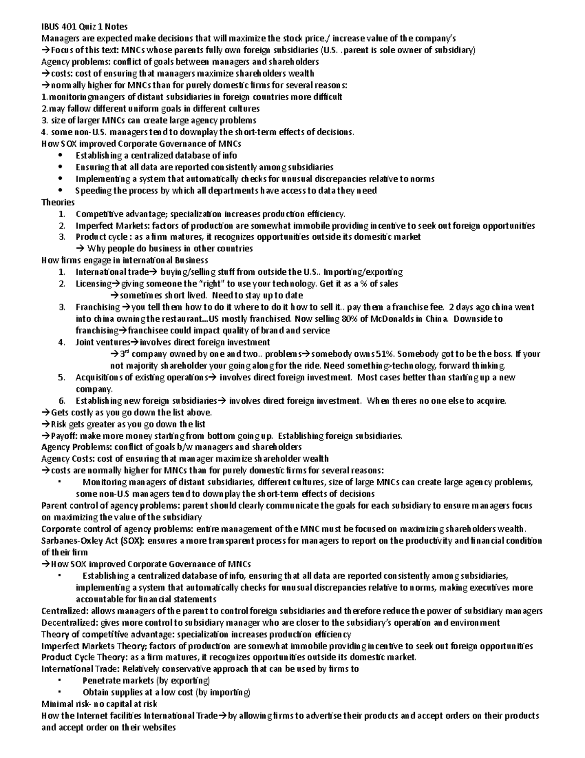 IBUS 401 Quiz 1 Notes - chapter 1-4 - IBUS 401 Quiz 1 Notes Managers ...