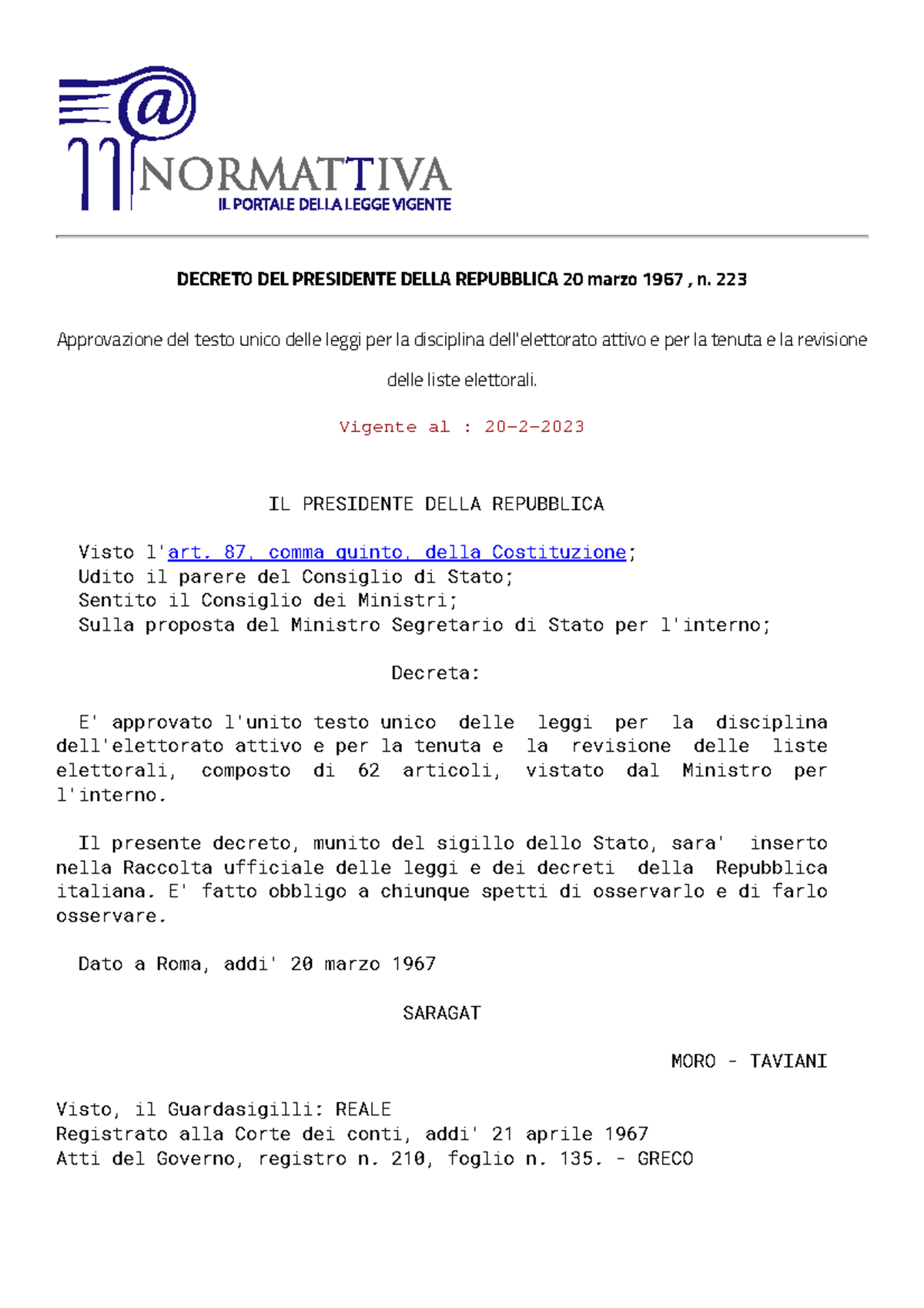 Decreto DEL Presidente Della Repubblica 223 1967 - DECRETO DEL ...