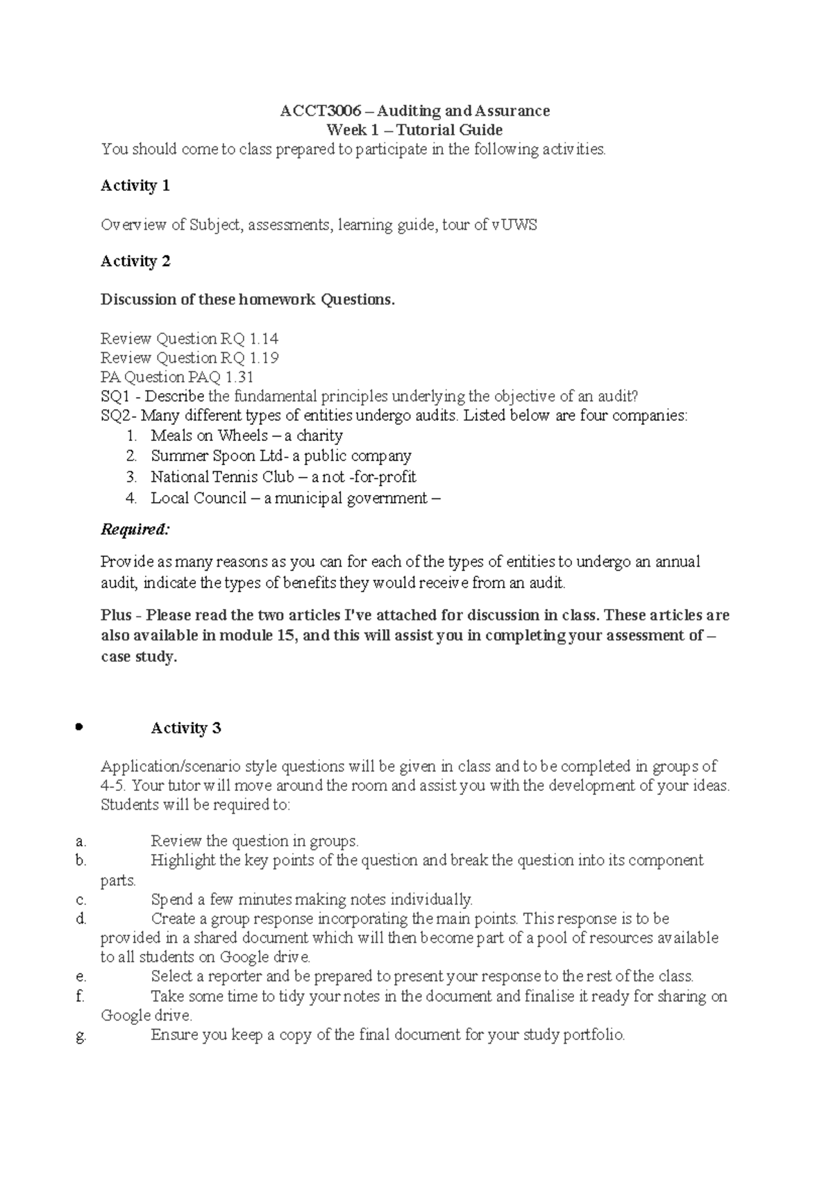 Tutorial Guide and Portfolio Questions - ACCT3006 – Auditing and ...