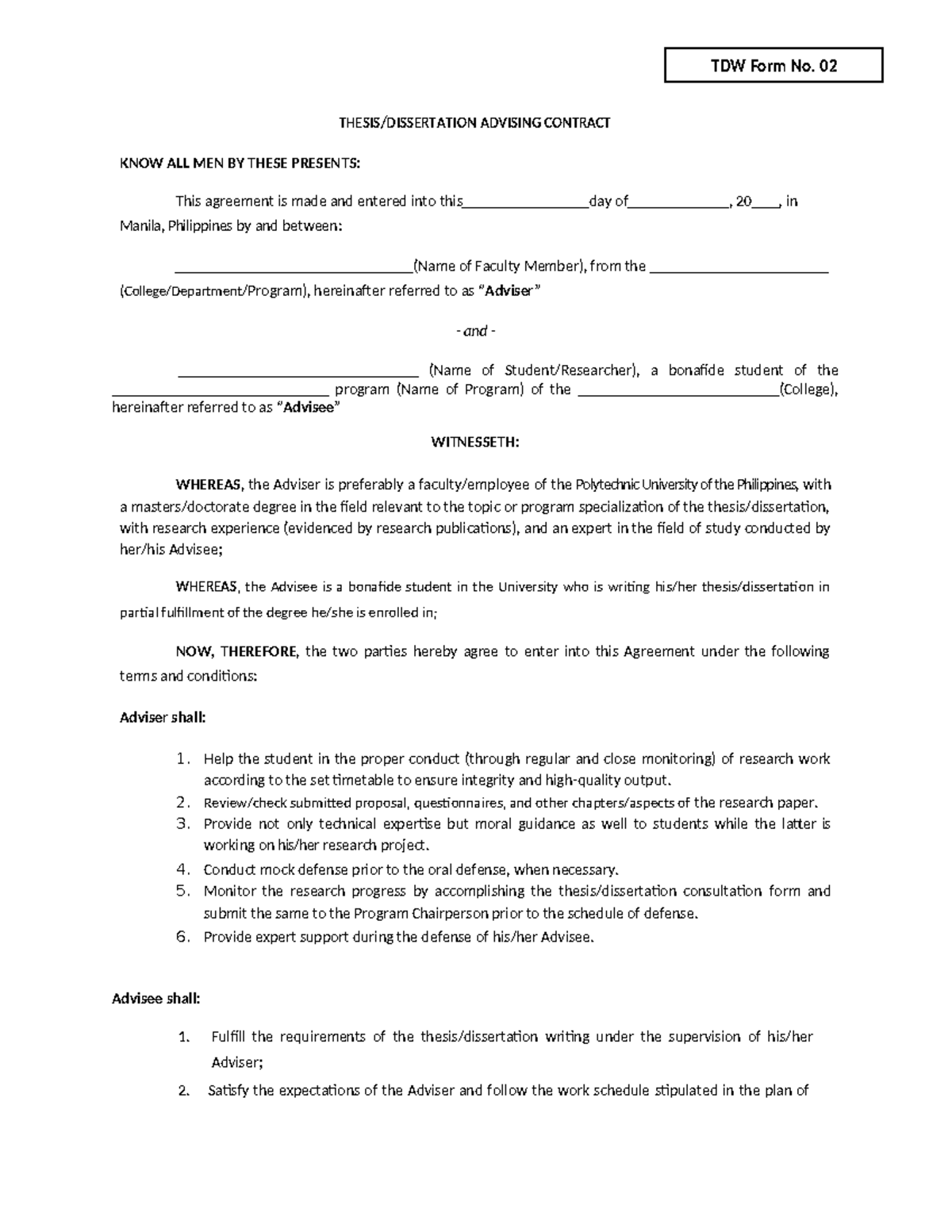 TDW Form No. 02 - Thesis Dissertation Advising Contract - THESIS ...