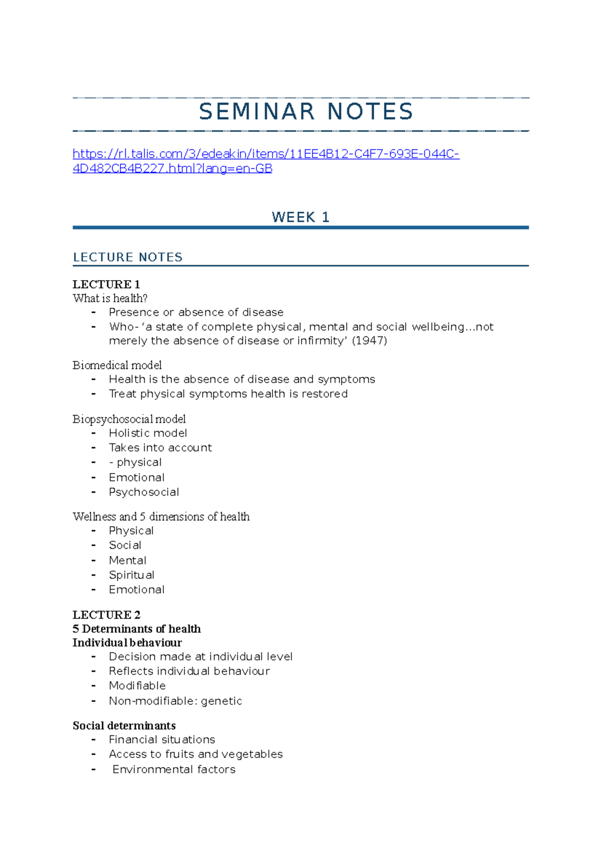 HBS110 Seminar Notes - S E M I N A R N O T E S rl.talis/3/edeakin/items ...