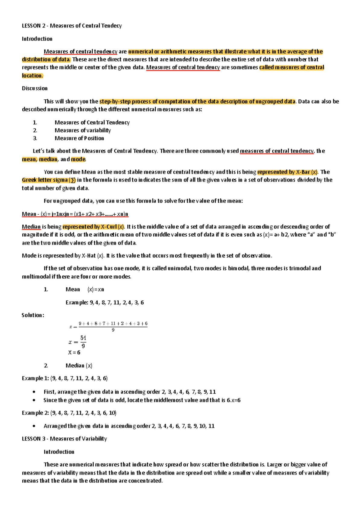 Lesson-2 - N/A - LESSON 2 - Measures of Central Tendecy Introduction ...