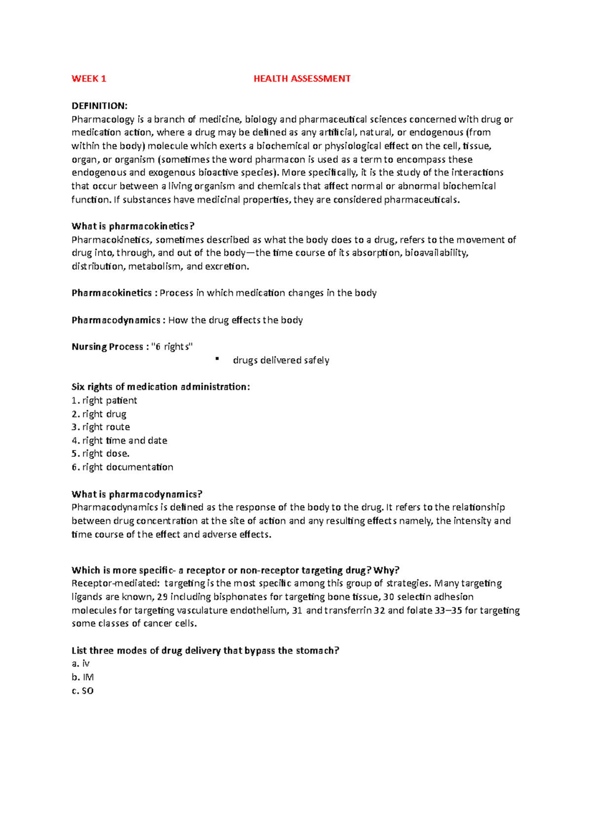 Lecture Notes WEEK 1 HEALTH ASSESSMENT DEFINITION Pharmacology Is A 