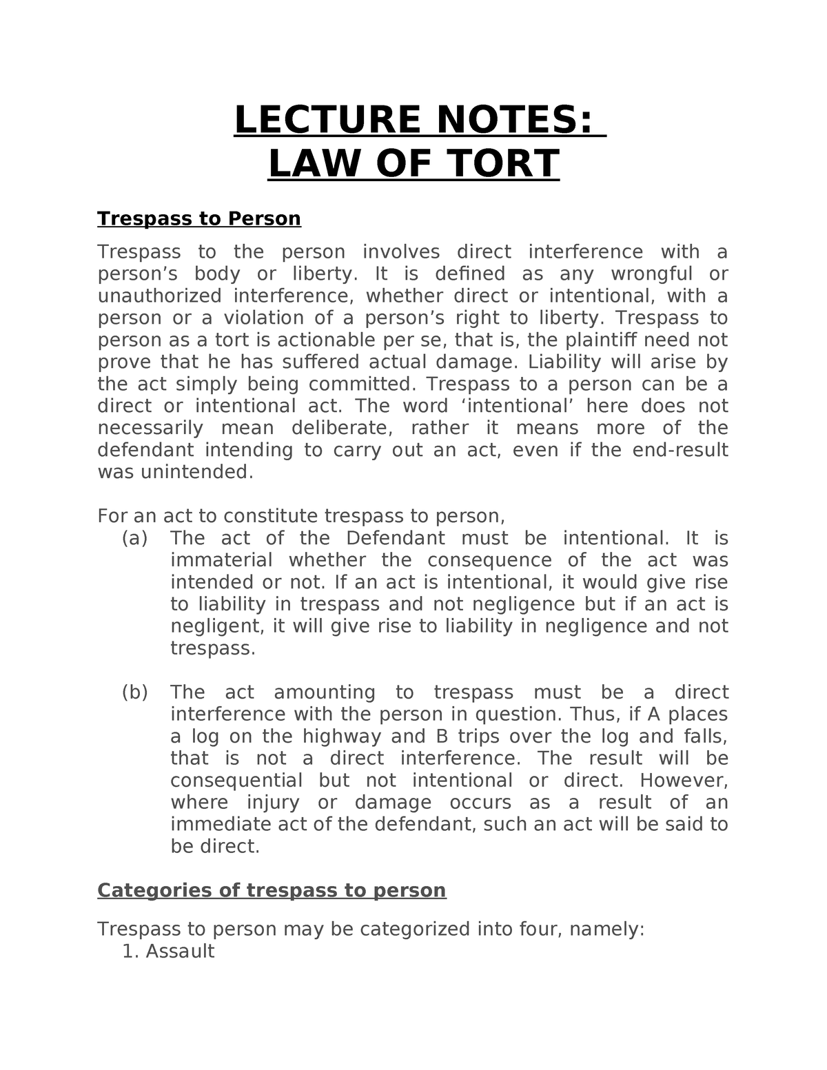 Law Of Tort Lecture Notes - LECTURE NOTES: LAW OF TORT Trespass To ...