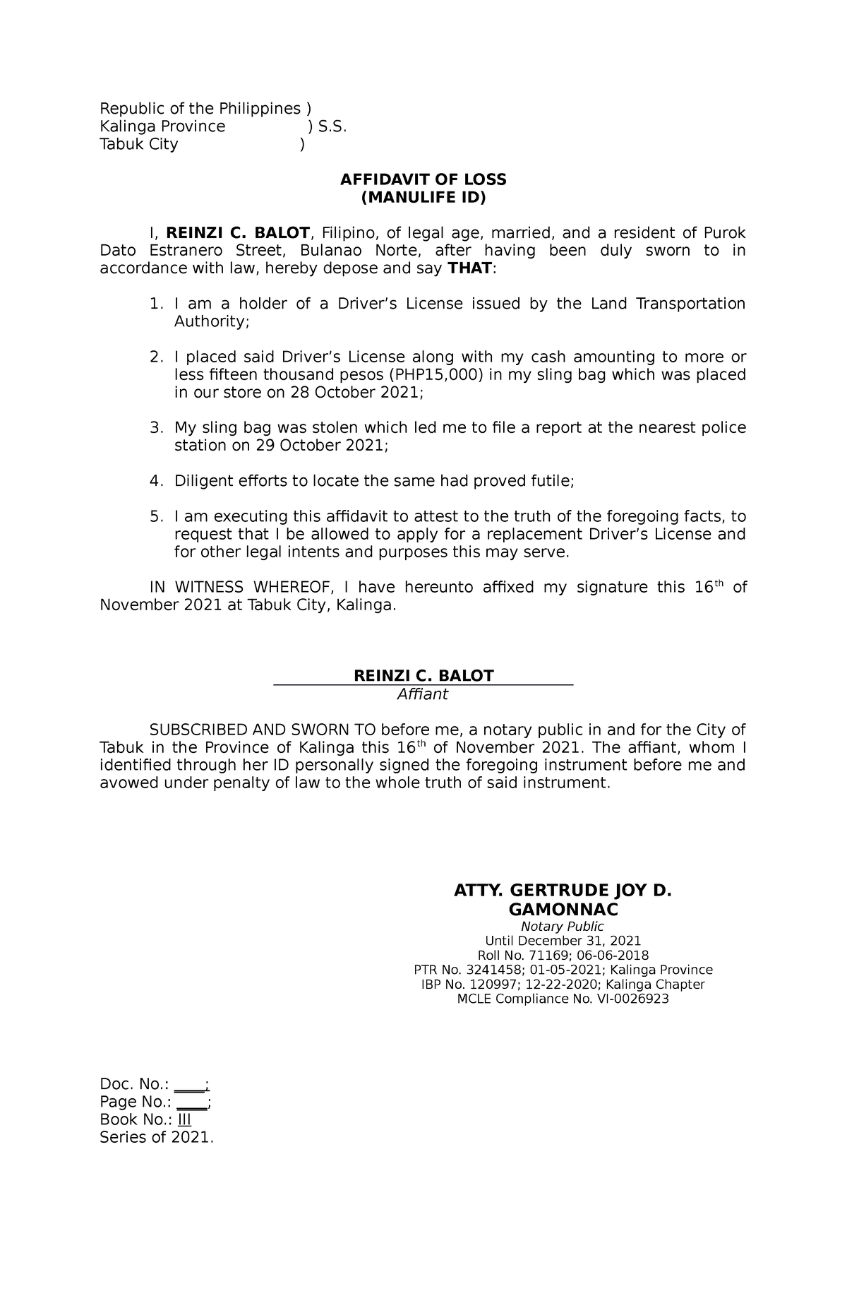 Affidavit of Reinzi - Republic of the Philippines ) Kalinga Province ...