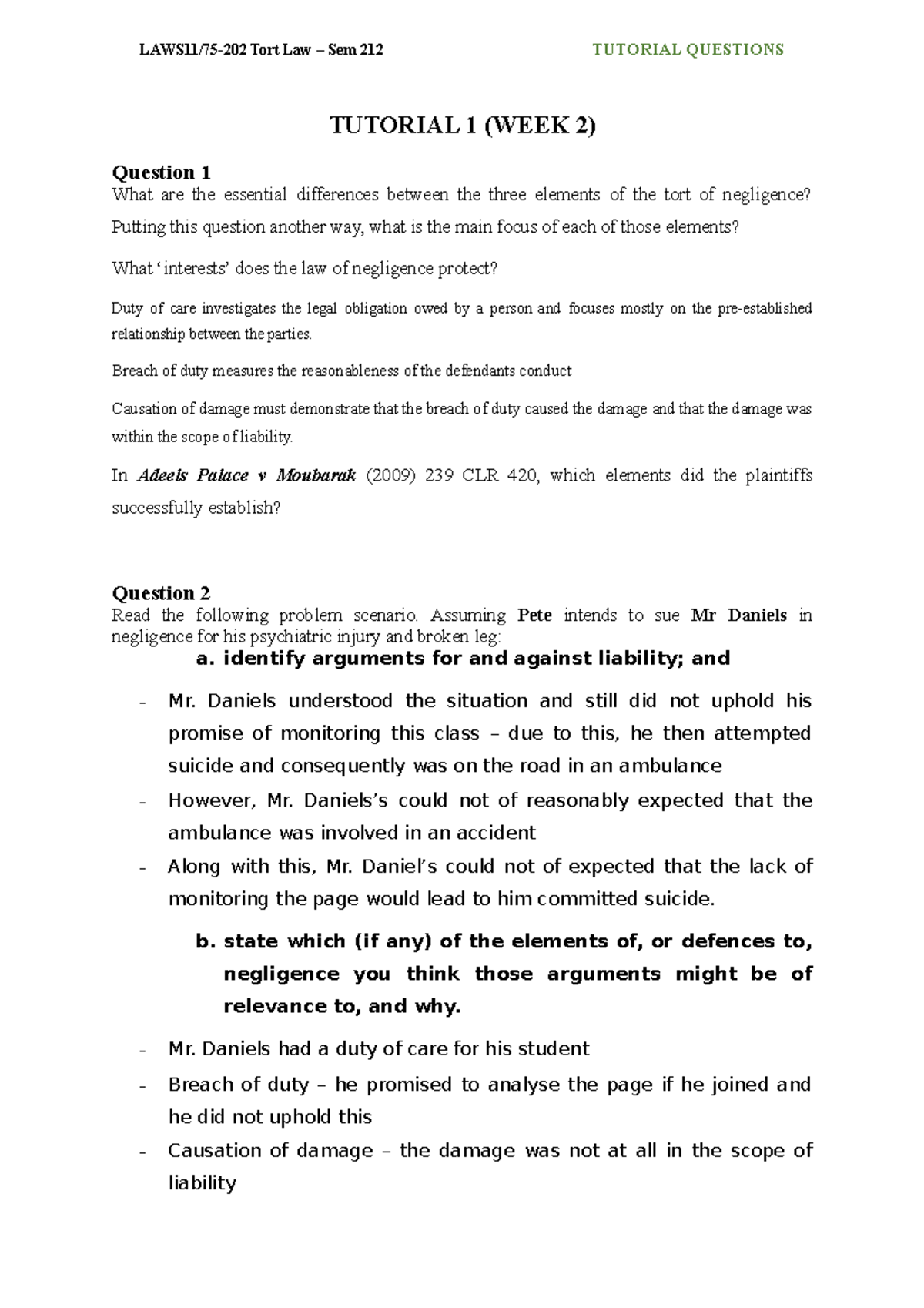 Tutorial Questions For Semester Tort Law - TUTORIAL 1 (WEEK 2) Question ...