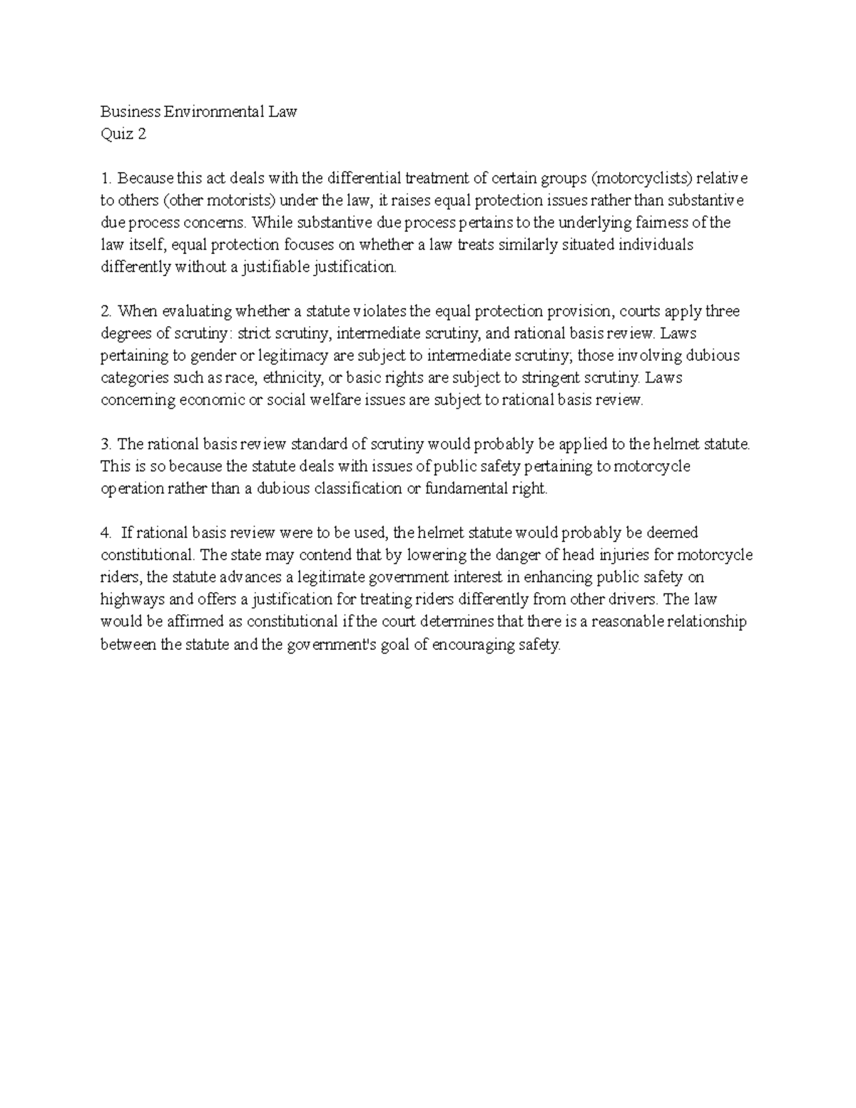 BEL Quiz 2 Quiz for Module 2 Business Environmental Law Quiz 2