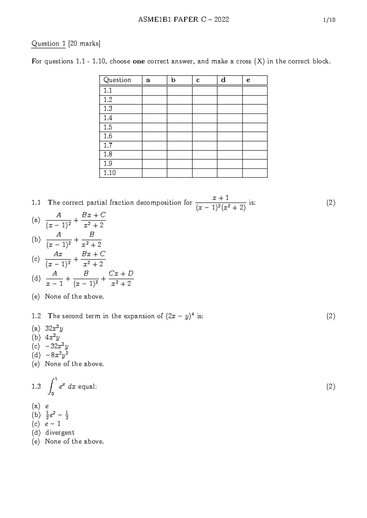 ASME1B1 - past paper - Question 1 [20 marks] For questions 1 - 1 ...