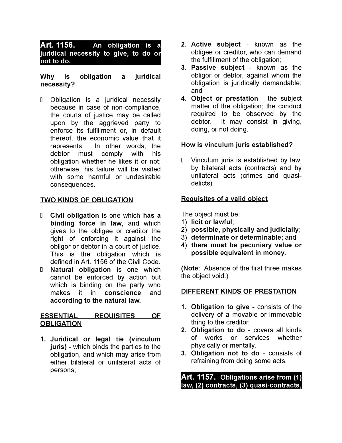 Obligations And Contracts Summary For ECE Laws Intro Art 1156 An 