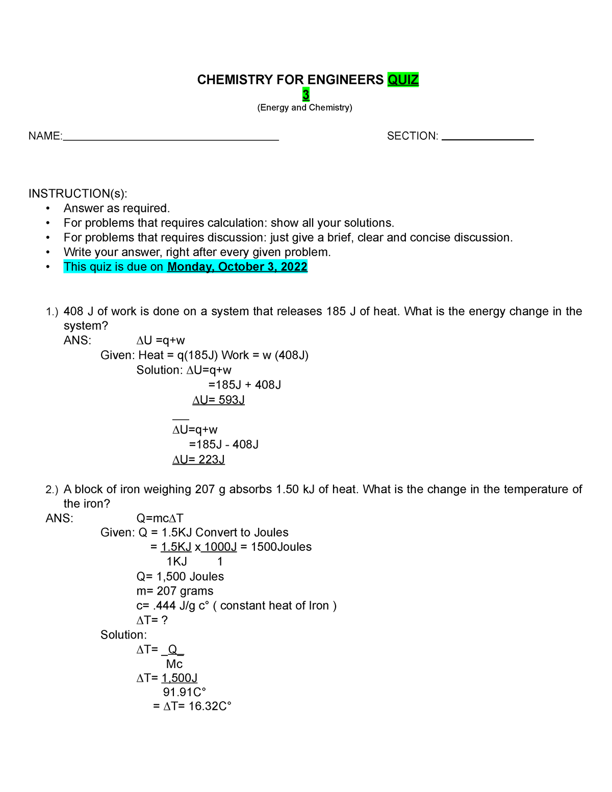 (2) Quiz3 - CHEM QUIZ - CHEMISTRY FOR ENGINEERS QUIZ 3 (Energy And ...