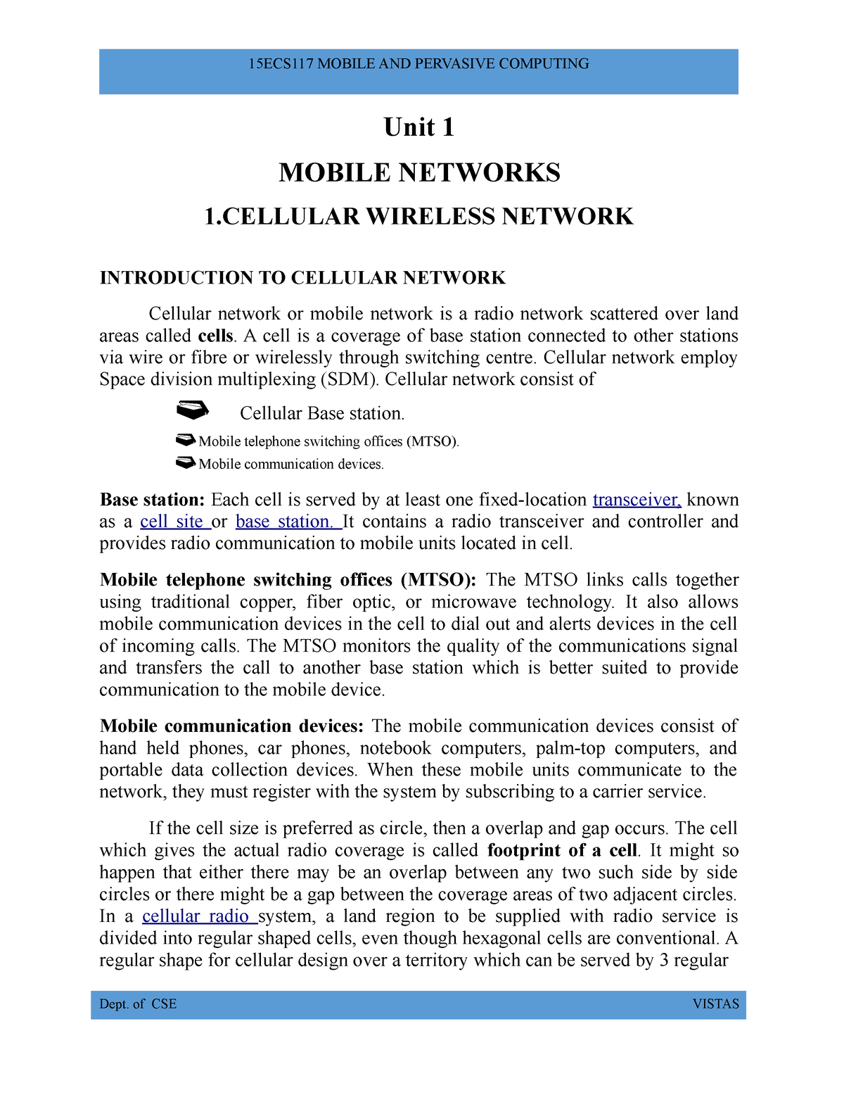 Unit 1 - B.E CSE - Unit 1 MOBILE NETWORKS 1 WIRELESS NETWORK ...