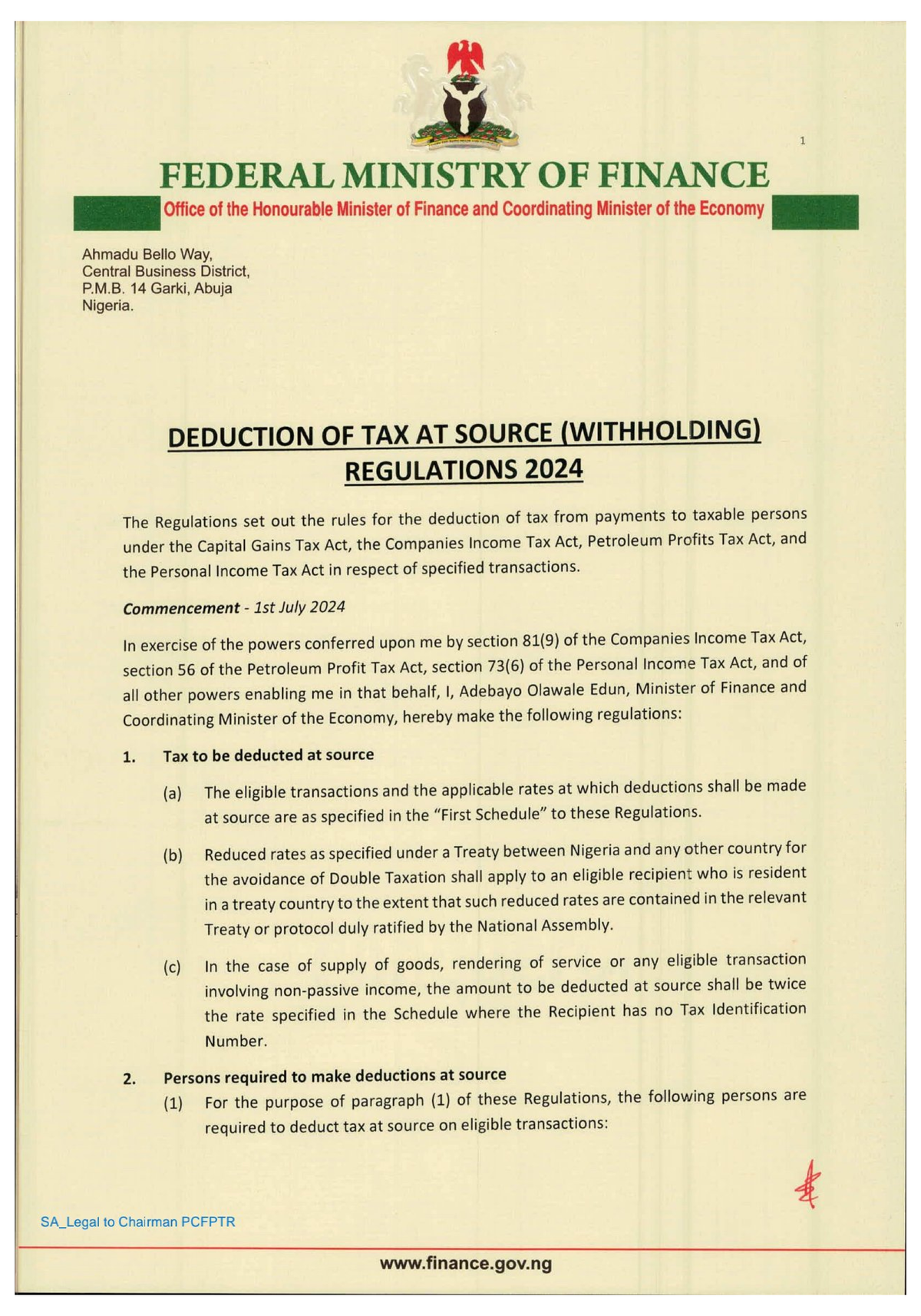 Deduction of Tax at Source (Withholding) Regulations 2024 - 1 FEDERAL ...