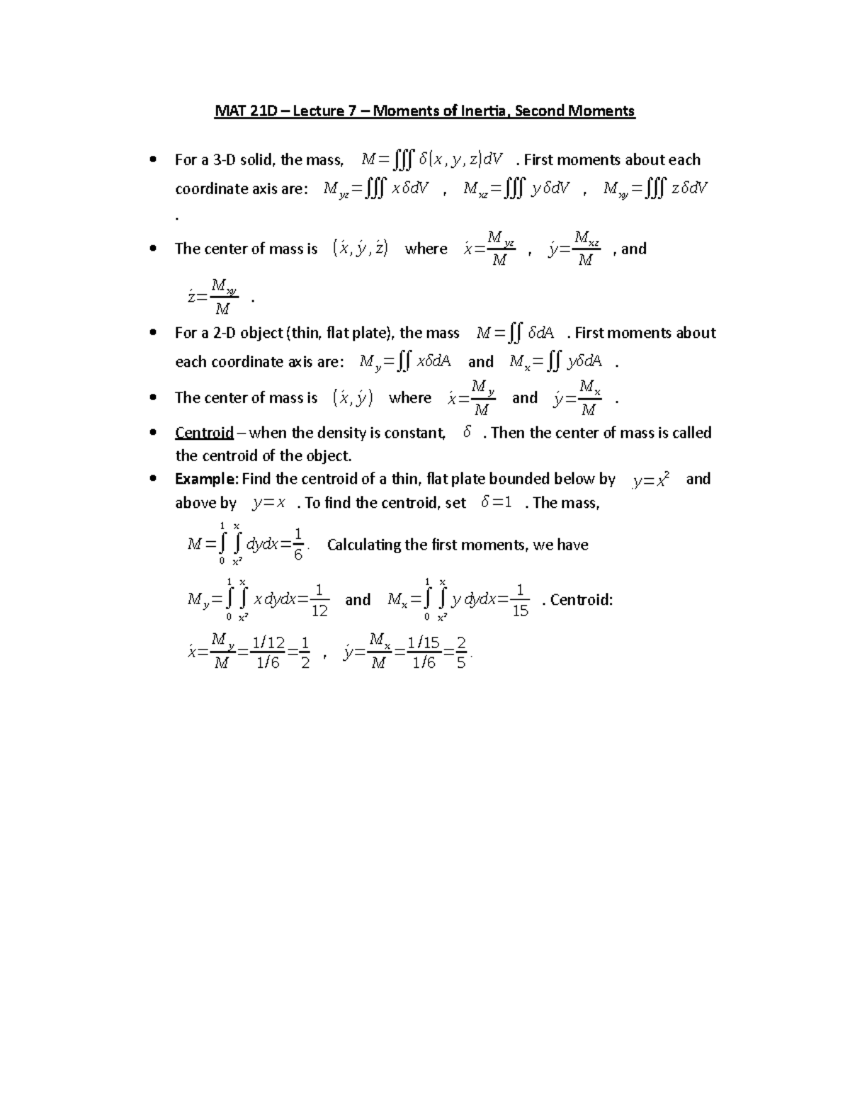 MAT 21D – Lecture 7 – Moments Of Inertia, Second Moments - MAT 21D ...